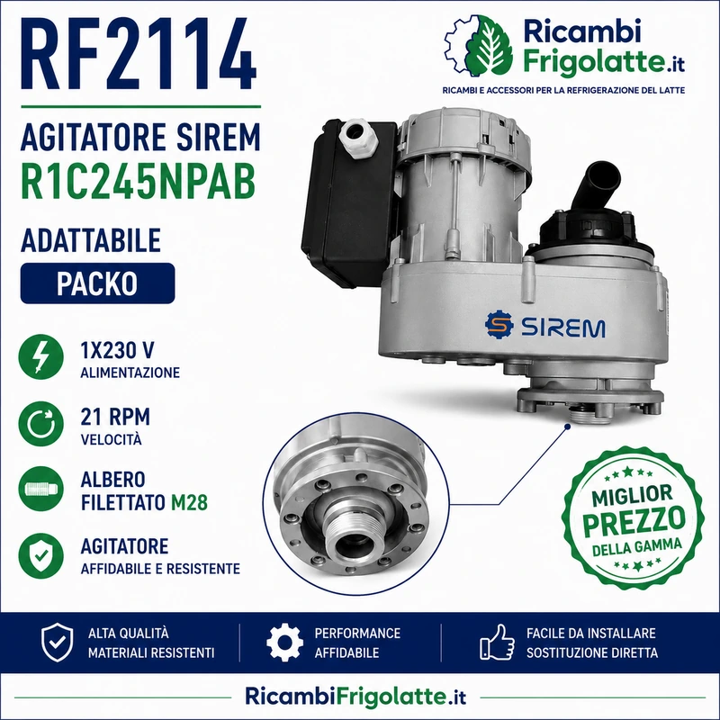 Motoriduttore SIREM R1C245NPAB per agitatore di tank refrigerazione latte, adattabile Packo. Alimentazione monofase 1×230 V, vel