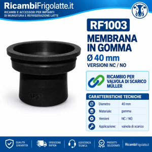 Membrana di ricambio in gomma nera Ø40 mm per valvole di scarico NC e NO. Controllare forma e dimensioni. Codice RF1003.