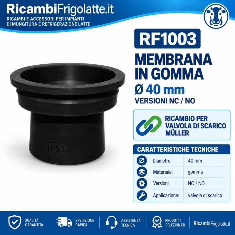 Membrana di ricambio in gomma nera Ø40 mm per valvole di scarico NC e NO. Controllare forma e dimensioni. Codice RF1003.
