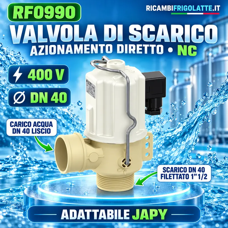 RF0990 Valvola scarico DN40 NC 400V Japy | Tank latte  META DESCRIPTION