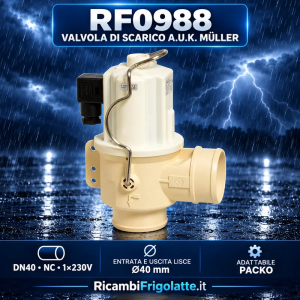 RF0988, A.U.K. Müller, valvola di scarico, elettrovalvola DN40, valvola 230V, normalmente chiusa, NC, attacchi lisci, diametro 4
