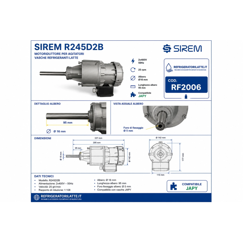 RF2006 SIREM R245D2B 25 RPM | Motoriduttore Tank Latte
