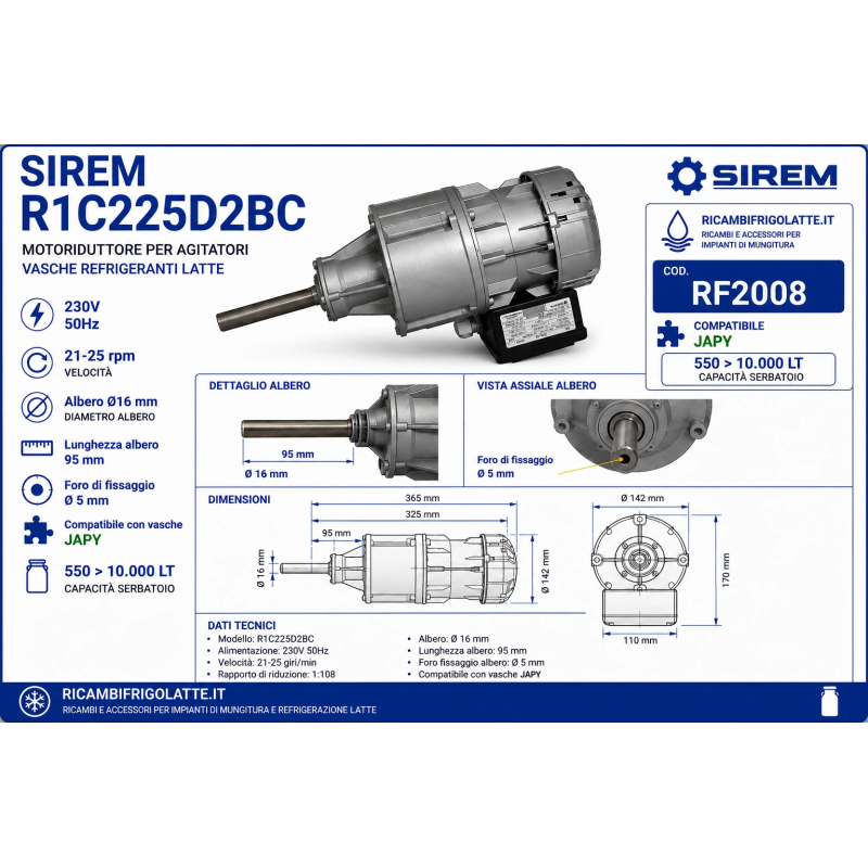 RF2008 SIREM R1C225D2BC 25 RPM | Motoriduttore Tank Latte